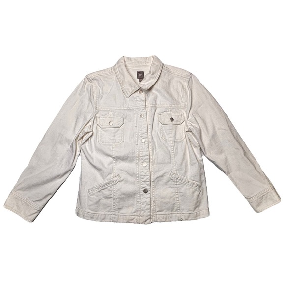 J.Jill Stretch Denim Jacket Womens Large Ivory Cream Button Front Pockets Casual - Picture 1 of 8